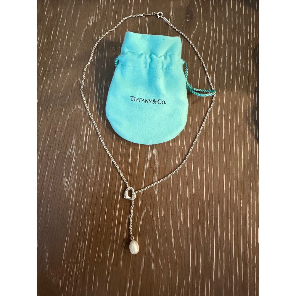 Tiffany & Co Elsa Peretti Open Heart Lariat Necklace Pearl Sterling Silver OS